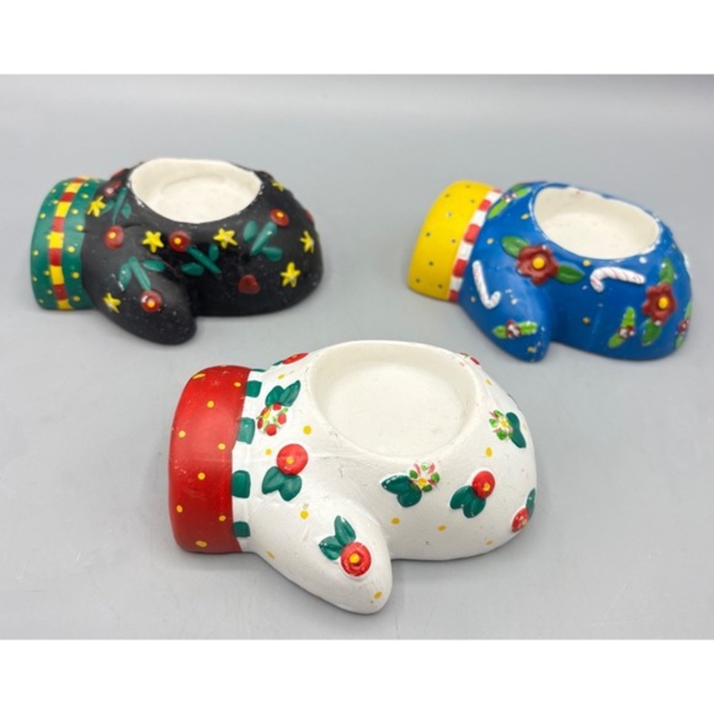 Mary Engelbreit 3 Pc Ceramic Tealight Candle Holders‎ Mitten Snowman Christmas